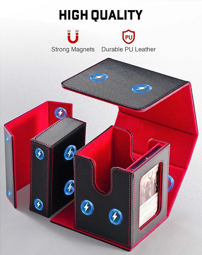 ZLCA MTG Commander Deck Box with Display Window, Deck Box Holds 100 Double-Sleeved with Dice Tray & 35pt Magnetic Card Holder（Black& Red）