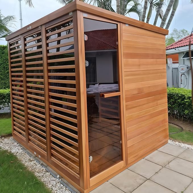Customize Wood Burning Sauna 3-8 Person, Outdoor Red Cedar Steam Saunas, ETL Harvia Heater, Glass Wall Saunas, 220V, Rectangle Sauna Room with Backrest Headrest, Waterproofing System(0-195℉)