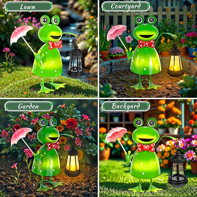 Solar Garden Lights Frog Statue with Solar Lantern Lights,15.62 in Tall Frog Garden Decor,Outdoor Forg Figurines Decorations for Patio Yard Lawn Ornaments Gifts for Birthday Housewarming Mother's Day
