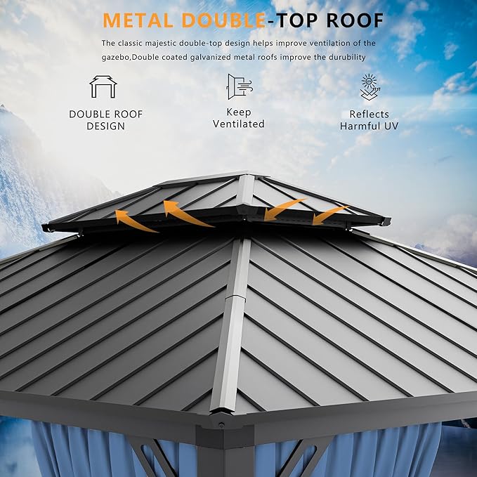 12’x14’ Hardtop Gazebo Outdoor Aluminum Frame Permanent Gazebo Galvanized Steel Double Roof Pergola with Nettings and Curtains for Patio, Lawns,Backyard, Deck(Navy)