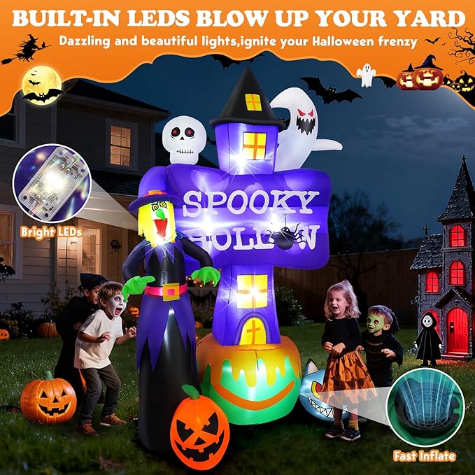 Whubefy 8FT Halloween Inflatable Outdoor Decoration Witch Ghost Tombstones Combo, Skull Cat Halloween Decor with LEDs, Blow Up Halloween Decorations Outdoor Inflatable Pumpkin for Yard Garden Indoor