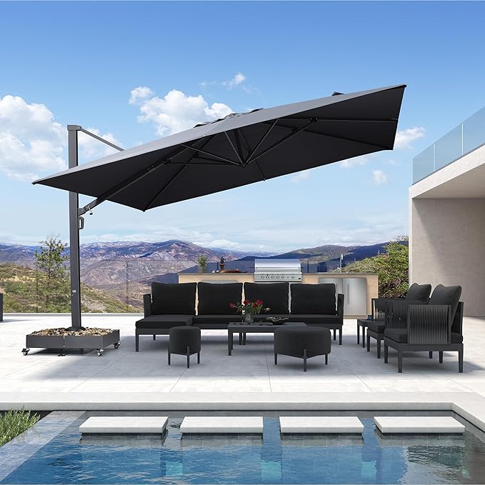 PURPLE LEAF 13 FT Square Patio Umbrella Large Cantilever Outdoor Aluminum Offset Umbrella with 360-degree Rotation for Garden Deck Backyard Pool Grey