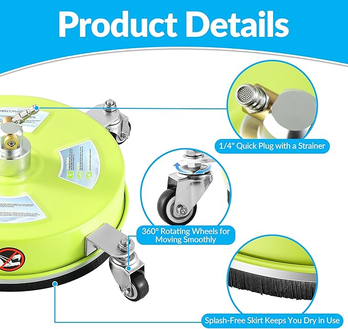 M MINGLE 14'' Pressure Washer Surface Cleaner, Stainless Steel Pressure Washer Attachments with 4 Wheels for Driveway and Concrete Cleaning, 1/4" Quick Connect, 2 Extension Wands, 4000 PSI