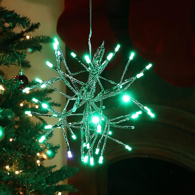 Alpine Corporation 10" H Indoor Christmas Twig 3D Hanging Snowflake Ornament with LED Lights, Green, Christmas Decoration (Pack of 4)
