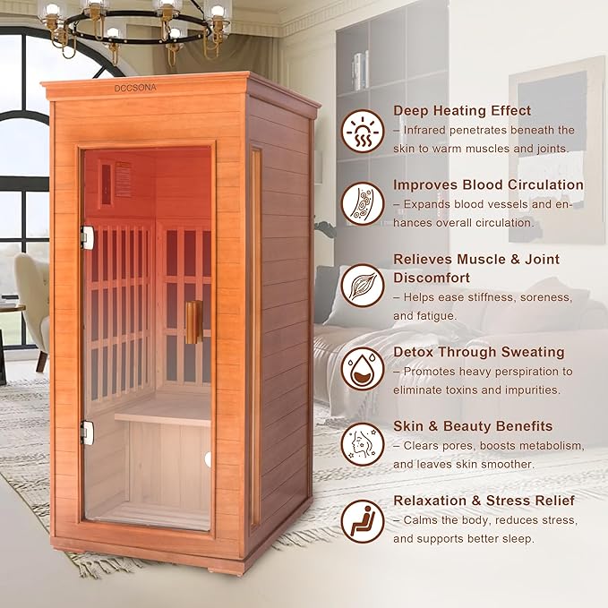 Far Infrared Home Sauna 1 Person, 1000W 110V Dry Indoor Sauna Okume Wood with 4 Heating Panels, Bluetooth Speaker, LED Lights and Glass Door, Room: 37.8 x 30.3 x 65.4 inches