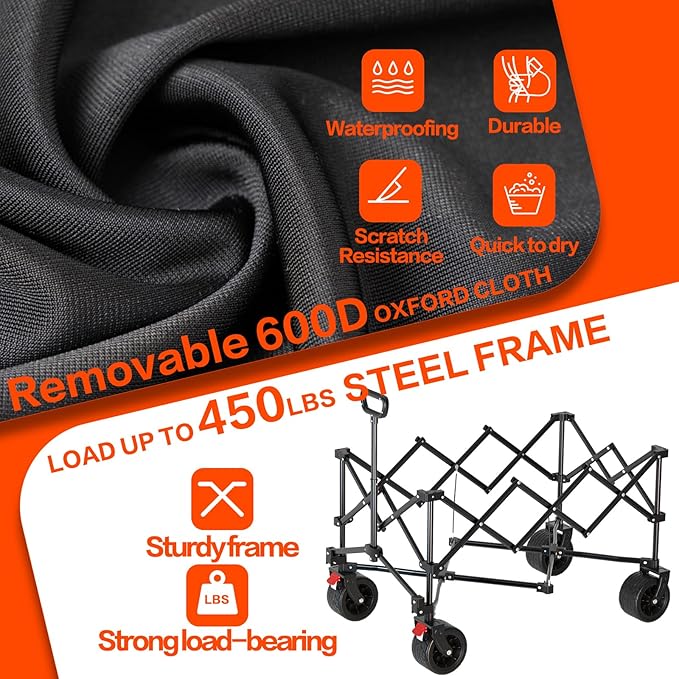 Extra Large Collapsible Wagons Carts Foldable, 450lbs Heavy Duty Folding Beach Wagons with Big All-Terrain Wheels, Utility Wagon Carts for Groceries, Outdoor Camping, Shopping, Beach, Garden