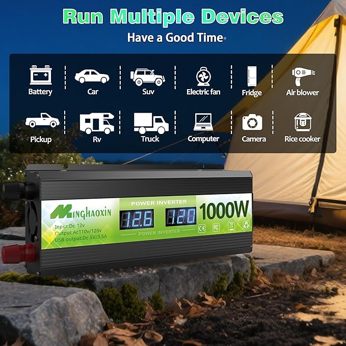 1000 Watt Inverter, 12v Dc to 110v Ac Inverter,Power Inverters for Vehicles, Ac Outlets and 2 USB Ports for Cars, Trucks, Rvs, Homes and Camping