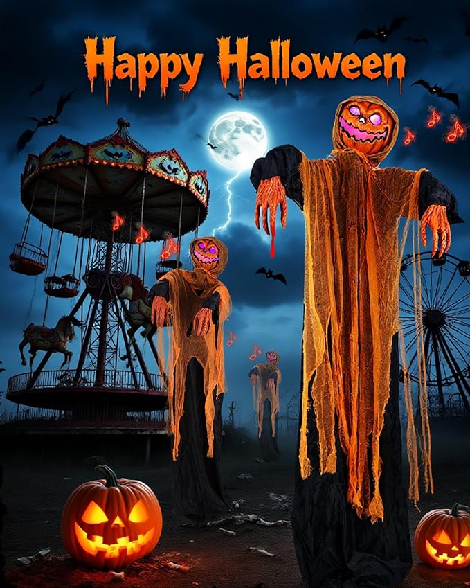Joomer Animated Halloween Decorations Outdoor, Life-Size Animatronic Standing Pumpkin Man Decoration with Spooky Sound Activated Sensor for Haunted House, Party, Indoor,Outdoor Halloween Decoration