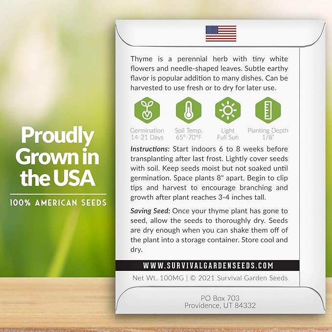 Survival Garden Seeds - Thyme Seed for Planting - Packet with Instructions to Plant and Grow Thymus Vulgaris Herb Plants in Your Home Vegetable Garden - Non-GMO Heirloom Variety - Edible Thyme Seeds