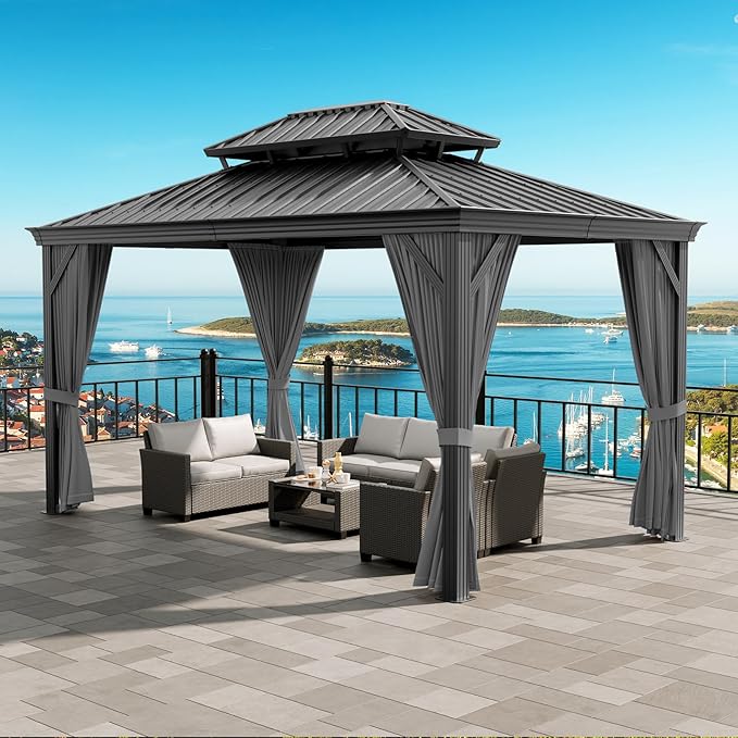 16'x12' Hardtop Gazebo, Heavy Duty Aluminum Permanent Hardtop Gazebo Outdoor Pavilion with Curtains and Netting for Garden (Gray, 16'x12')