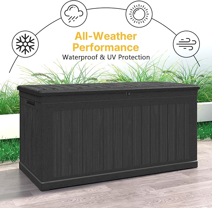 260 Gallon Deck Box Extra Large, Outdoor Storage Box Lockable, Patio Storage Box Waterproof and UV Resistant, 440lbs Load Capacity for Garden, Patio, Pool (Black)