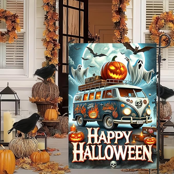 Happy Halloween Garden Flag 12x18 Inch Double Sided Spooky Truck Garden Flag Pumpkins Jack-o'-lantern Ghost Welcome Flag Yard Outdoor Decorative Outside Banner