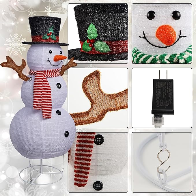 Juegoal Set of 2 Lighted Christmas Snowman Decorations, 3.5+2.3FT Outdoor Collapsible White Snowmen with LED Lights, Pre-Lit Pop Up Xmas Yard Display, Plug in for Holiday New Year Winter Lawn Garden