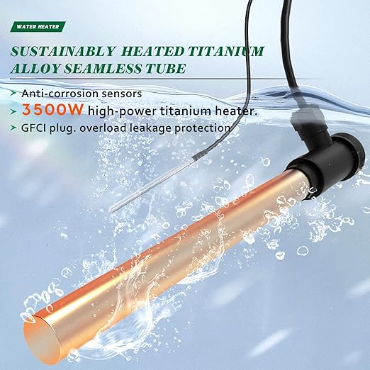 3500W 240V Titanium Fully Submersible Portable Electric Immersion Large Pool Water Heater Waterproof Hot Tub Heater with LCD Thermostat & GFCI Plug, for Swimming Pool, Bathtub, Baptistry, Bucket (YG)