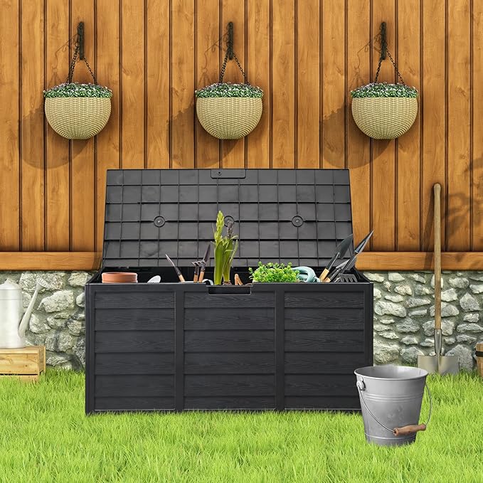75 Gallon Resin Deck Box, Waterproof Outdoor Storage Box with Wheels, Lockable Lid and Handles, Large Deck Storage for Outdoor Gear, Patio Furniture Cushion, Gardening Tools, Jet Black
