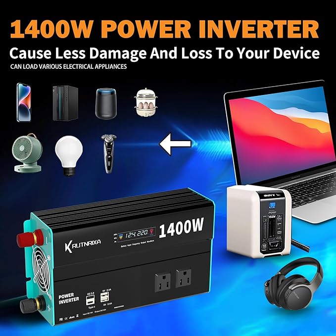 Power Inverters 12V DC to 110V AC Converter for Vehicles USB-C/PD 25W Fast Charging Ports Car Charger Adapter with a Cigarette Lighter Ports Plug Outlet (Modified sine wave-1400W)