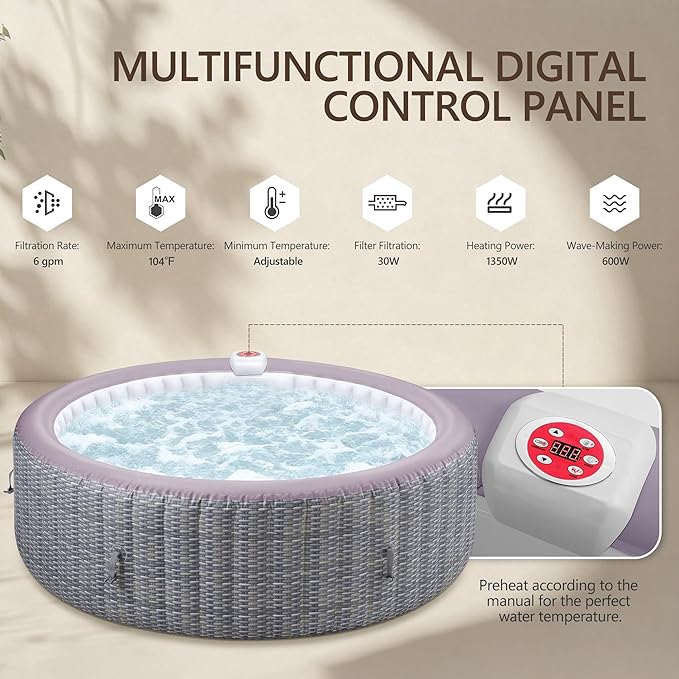 UHOMEPRO Inflatable Hot Tub Spa Set, Outdoor Bubble Massage Portable Hot Tubs with 130 Soothing Jets, Insulated Cover, Internal Heater Pump, 6 Filter Cartridges (Round)