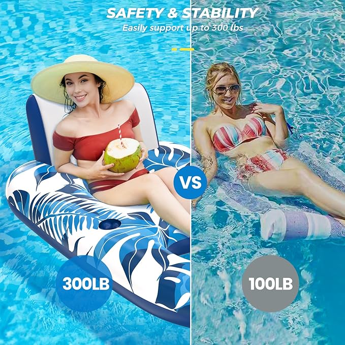 Pool Floats Adult 1-2-3 Person Inflatable Lounger, Extra Large Tanning Recliner Floaty Chair Raft with Backrest, Footrest, Cup Holder for Pool, Lake, River, Beach, Ocean & Party Use