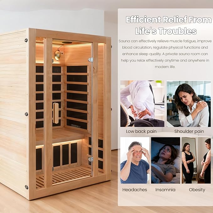 2 Person Infrared Sauna with Red Light Therapy, 1760W 120V Low EMF with Control Pane Home Indoor Dry Sauna Room for Gym & Spa, Made from Canadian Hemlock