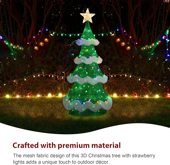 Glitzhome 6FT Outdoor Lighted 3D Christmas Tree, Large Mesh Christmas Tree Holiday Yard Decoration with Colorful Bulbs and 261 Green LED Lights, for Xmas Lighted Holiday Display Indoor Outdoor