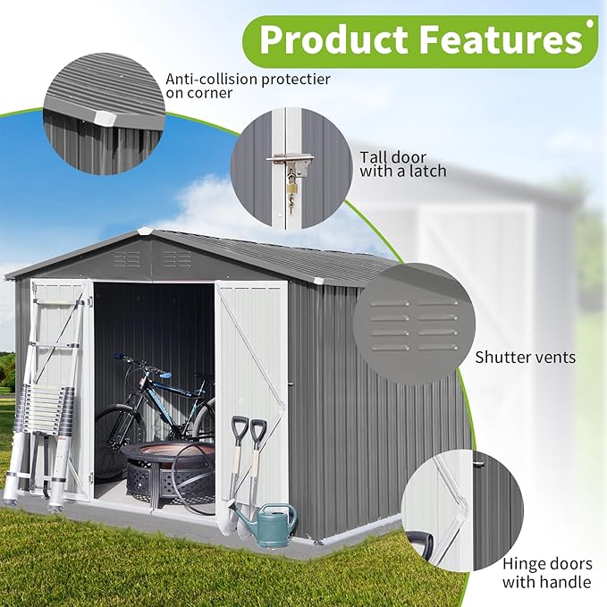 8x10FT Heavy-Duty Metal Storage Shed with Apex Roof, Outdoor Garden Shed with Hinged Door, Steel Vents & Free Padlock, Weatherproof Tool Shed for Backyard, Lawn Equipment & Bike Storage