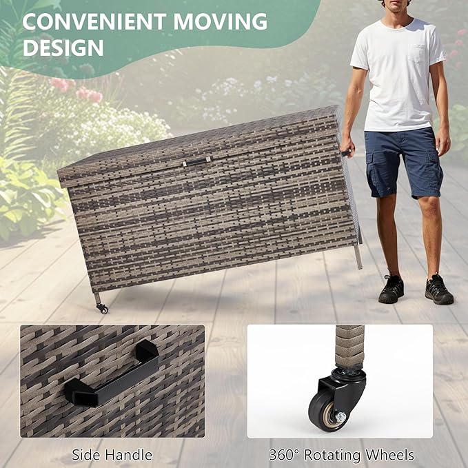 AVAWING 240 Gallon Wicker Deck Box, Outdoor Storage Box with Portable Wheels and Handles, Patio Rattan Container for Garden, Balcony, Yard (Grey)