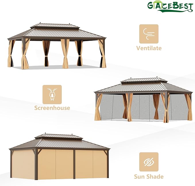 14'x20' Hardtop Gazebo Outdoor Aluminum Patio Gazebo Double Roof Galvanized Steel Canopy with Netting and Curtains for Garden, Backyard,Deck and Lawns