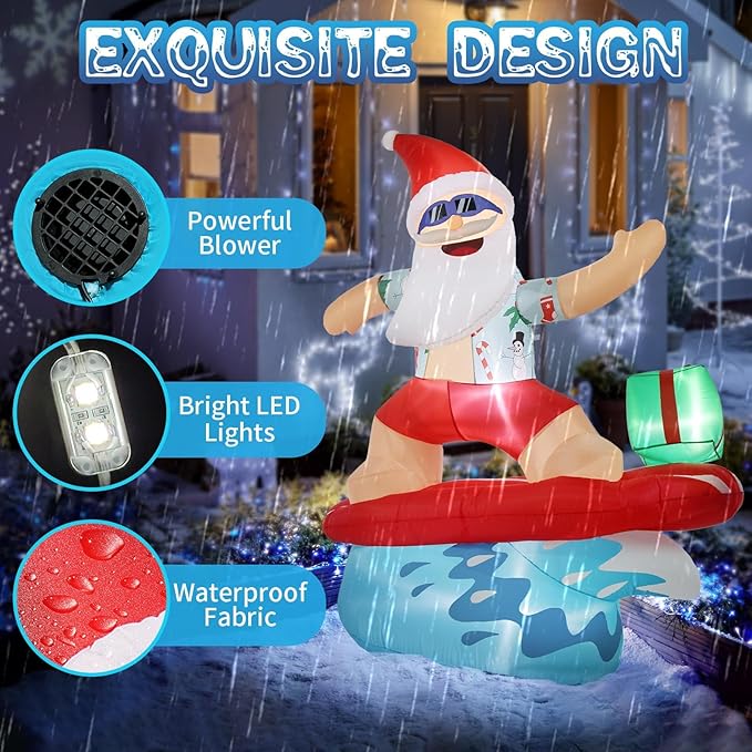 Gardentime 6.5FT Christmas Santa Claus Inflatables Outdoor Decoration Surfing Santa Fun Hawaii Giant Xmas Blowups with Built-in LED Lights for Holiday Indoor Yard Lawn Garden Outside Home Decor