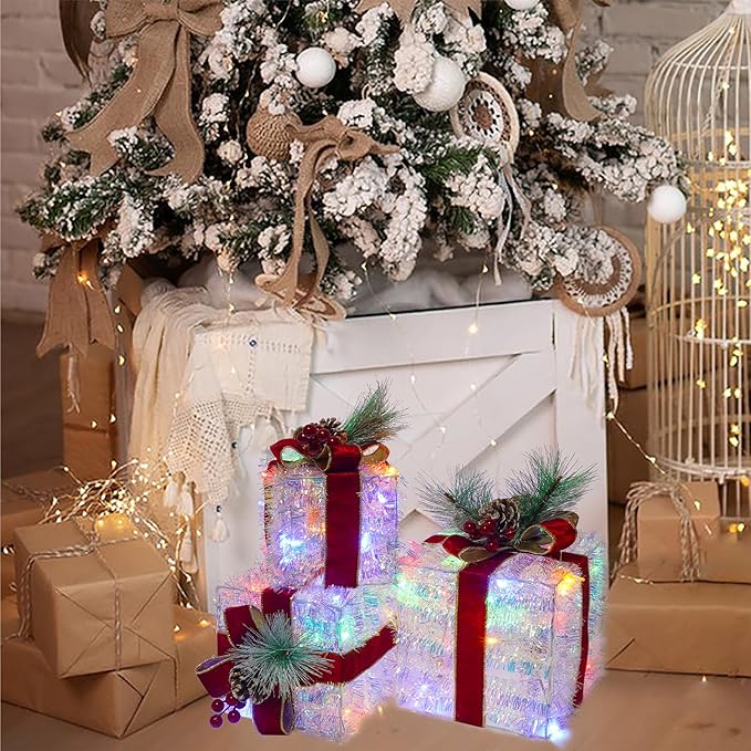 Set of 3 Christmas Lighted Gift Boxes, 60 LED Light Up Present Boxes for Christmas Decorations Indoor Outdoor Yard Xmas Tree Holiday Party Lawn Porch Home Decor(Multicolor)