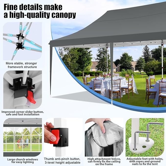 COBIZI 10x20 Pop Up Canopy with 6 Sidewall, Commercial Canopy UPF 50+ Waterproof Outdoor Gazebo with Carry Bag, Tents for Parties with Upgrade Frame, 3 Height Adjustable, Gray