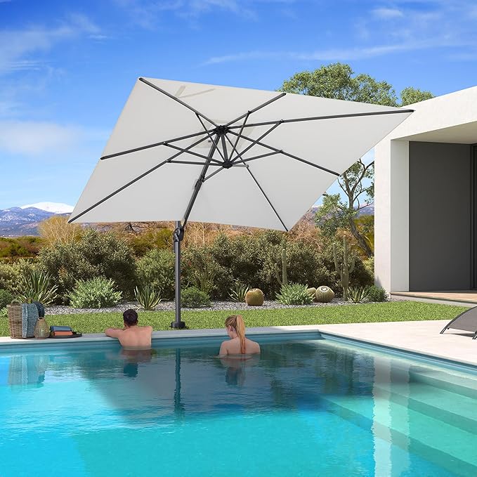 PURPLE LEAF 8' X 8' Patio Umbrella with In-ground Base for Pool 7' High Offset Outdoor Cantilever Umbrella Swimming Pool Umbrella with 360°Rotation for Poolside White