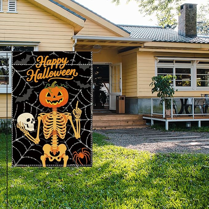 Happy Halloween Garden Flag Skeleton Pumpkins Fall Halloween Themed Holiday Party Outside Outdoor Lawn Decorations Yard Flag Double Sided 12x18 Inch
