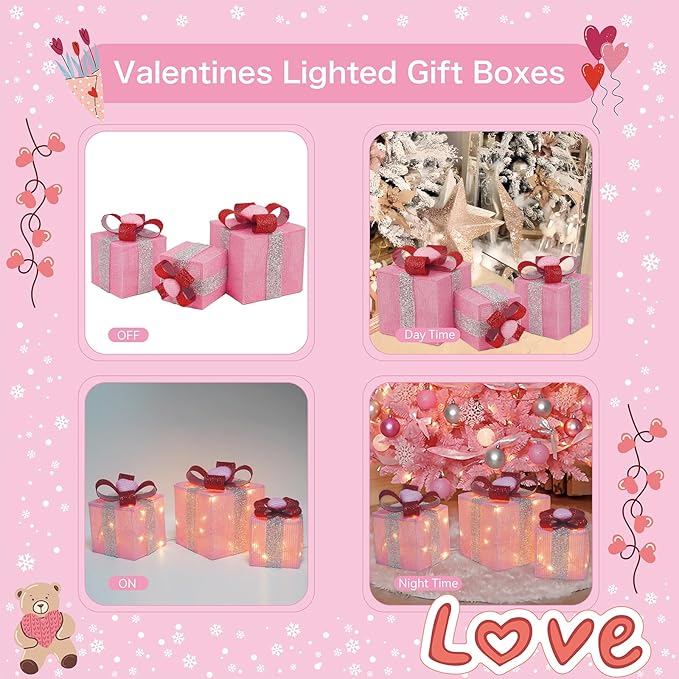 Set of 3 Lighted Gift Boxes, Plug-in 60 LED Light Up Pink Present Boxes for Christmas Decorations Indoor Home Wedding Holiday Birthday Party Porch (Pink Heart)