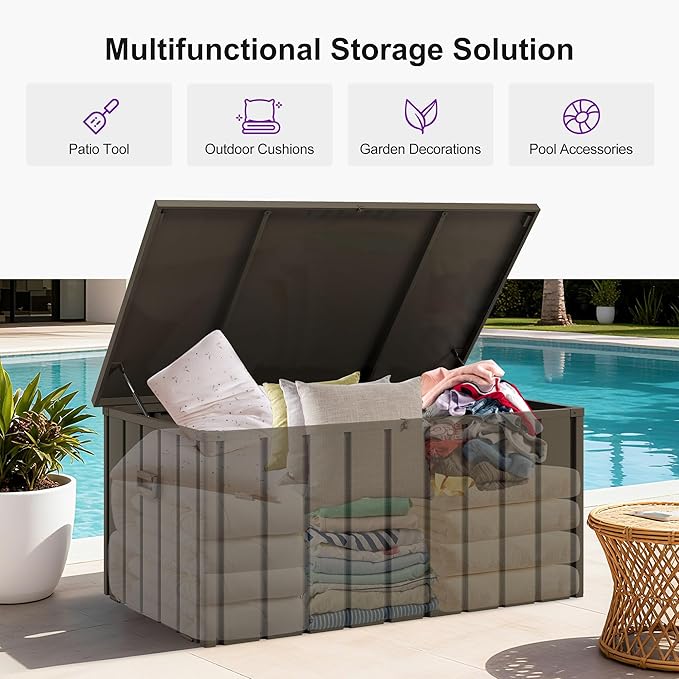 PURPLE LEAF Outdoor Deck Box 100 Gallon Waterproof Lockable Storage Box Container with Lid Deck Organization for Patio Cushions Side Table Pool Accessories Garden Tools, Brown