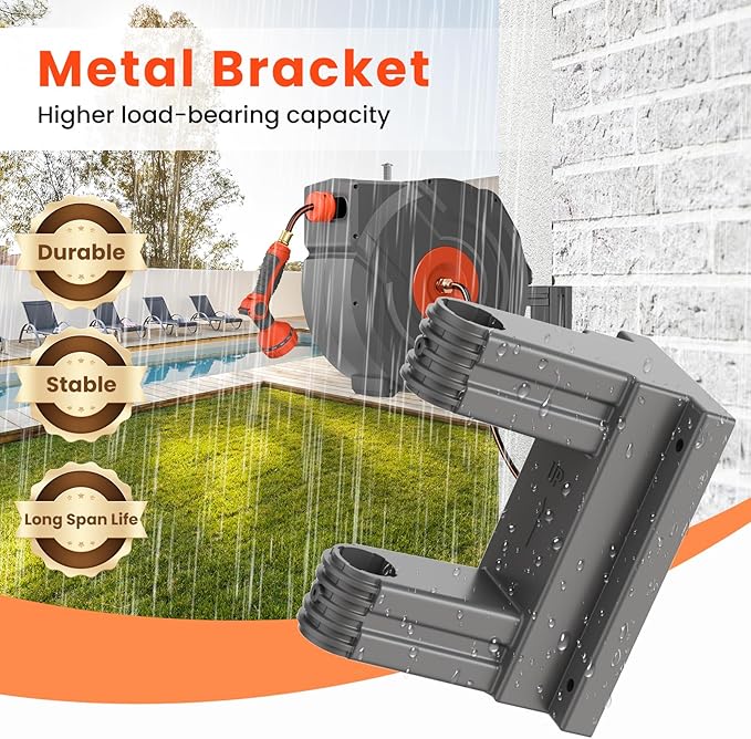 Upgraded Retractable Garden Hose Reels 130 ft X 1/2" PRO Metal Bracket 180° Swivel Any Length Lock Heavy Duty Water Hose Reels Wall Mount 9 Pattern Nozzle Garden Watering