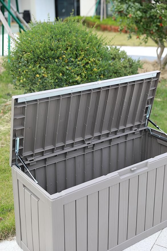 BTEXPERT 80 Gallon Deck Box Outdoor Storage Container with Metal Support Rods for Patio Furniture Garden Tools Cushions Waterproof Lockable UV Resistant Set of 2