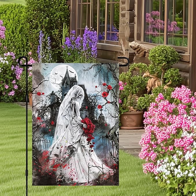 Halloween Horror Garden Flag 12x18 Inch Skeleton Bride Haunted Church Flag Outdoor Yard Decorations House Banner Porch Lawn Patio Home Decor