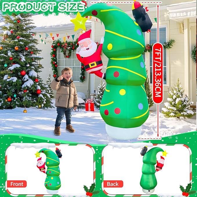 2025 Inflatables Christamas Tree 7FT Christmas Tree Inflatable Outdoor Decor Combined with Santa Penguin Xmas Tree Blow Up Yard Decor with Built-in 5 LEDs for Holiday Party Yard Garden Lawn