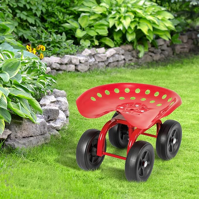 LDAILY Garden Seat with Wheels, Heavy-Duty Utility Stool Cart with Adjustable 11"-16" Height & 360° Rotatable, Rolling Garden Cart with Seat for Lawn Planting, Yard Work, Patio Gardening (Red)