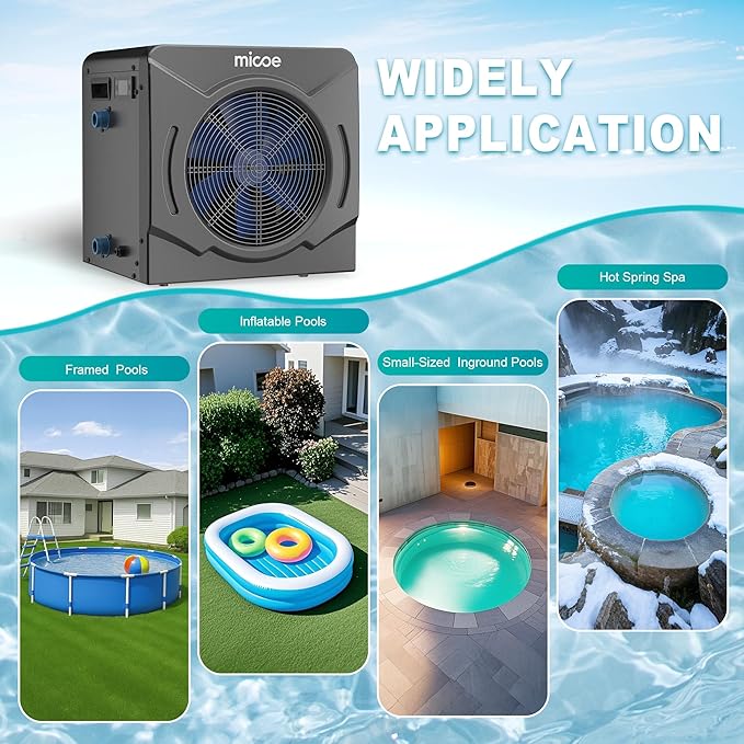 MICOE 17000 BTU Energy Efficient Electric Pool Heater - for Above Ground Pools Up to 15ft (8/11/15ft) & 5,000 Gallons, Ultra Quiet 50dB, 110V/120V with Easy Install Kit