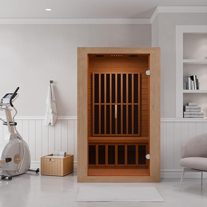 SteamSpa 1-2 Person Low EMF Carbon FAR Infrared Hemlock Wood and Tempered Glass Indoor Home Sauna Room with LED Touch Control Panel, Color LED Therapy Light, Bluetooth Speaker