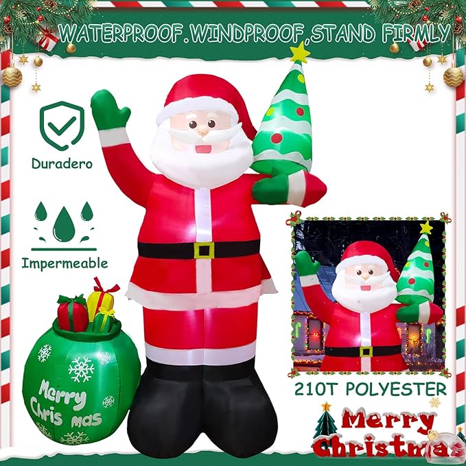 8FT Christmas Inflatables Santa Claus with Christmas Tree ＆ Gift Bag Christmas Blow up Decoration with Built-in 6 LED Lights Large Xmas Blow up Santa Claus for Yard Party, Xmas New Year Kids Gifts