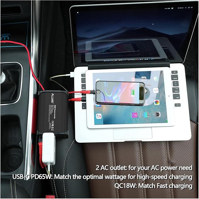 ALLWEI 300W Power Inverter 12V DC to 110V AC Car Plug Adapter Outlet Converter with 65W PD USB-C &18W USB-A Fast Charger, Car Cigarette Lighter Adapter for Laptop Tablets Phones - Portable - Black