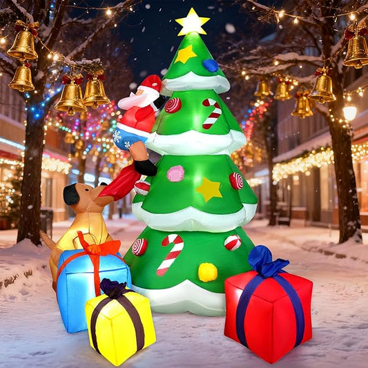 HFO 8ft Christmas Inflatable Outdoor Decorations, Blow up Christmas Tree Yard Decor with Dog Bite Santa Claus 3 Wrapped Gift Boxes, Bright LED Lights Christmas Outdoor Decorations