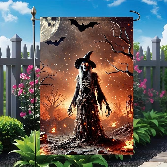 Witch Halloween Garden Flag 12x18 Double-Sided Spooky Bats Scary Skeleton Witch Garden Flag Outdoor Lawn Fall Decoration Banner Holiday Seasonal Yard Flag