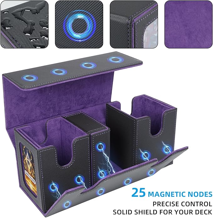 AFIING MTG Commander Card Storage Box - Fits 200 Double Sleeved Cards,3-in-1Card Deck Case,Strong Magnet Card Organizer For Magic Commander TCG CCG,4Dividers &2 Toploaders, Black/Purple