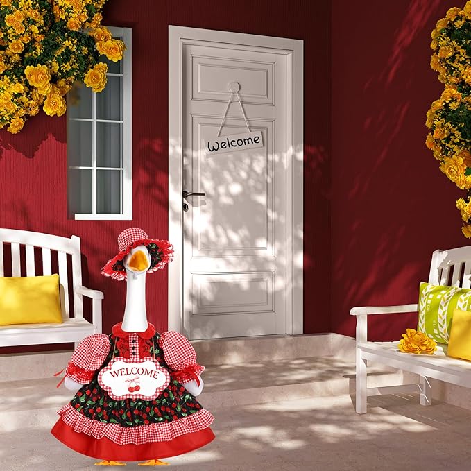 Lolita Goose Outfit Set for 23'' H Plastic Porch Cement Statue Cute Lolita Skirt Fall Spring Summer Goose Costume for Indoor Outdoor Yard Lawn Patio Art Decor(Cherry)