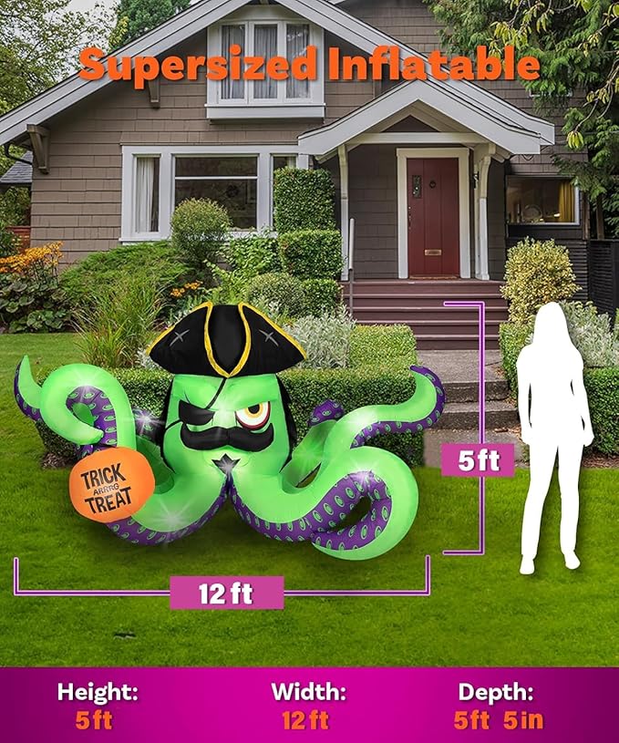 12FT Length Halloween Inflatables Pirate Octopus with Pumpkin, Halloween Blow Up Pirate Octopus Inflatables Built-in 9 Bright LEDs for Halloween Inflatable Outdoor Yard Lawn Garden Decoration