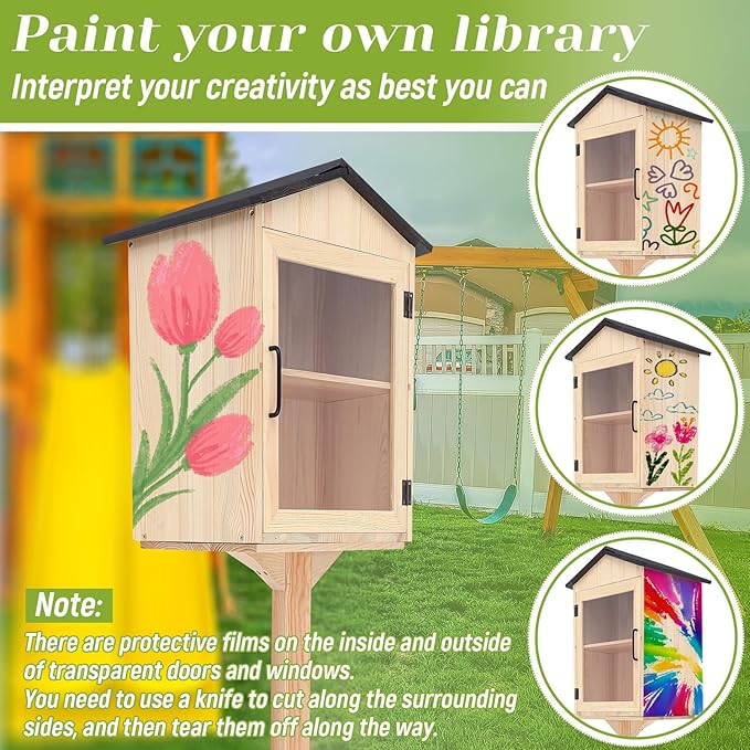 Wooden Library Box Outdoor Library, Double Outdoor Box Storage with Floor Plugs and Small Flower Fence for DIY, Community, Literature, School(Natural Wood,Steepletop)