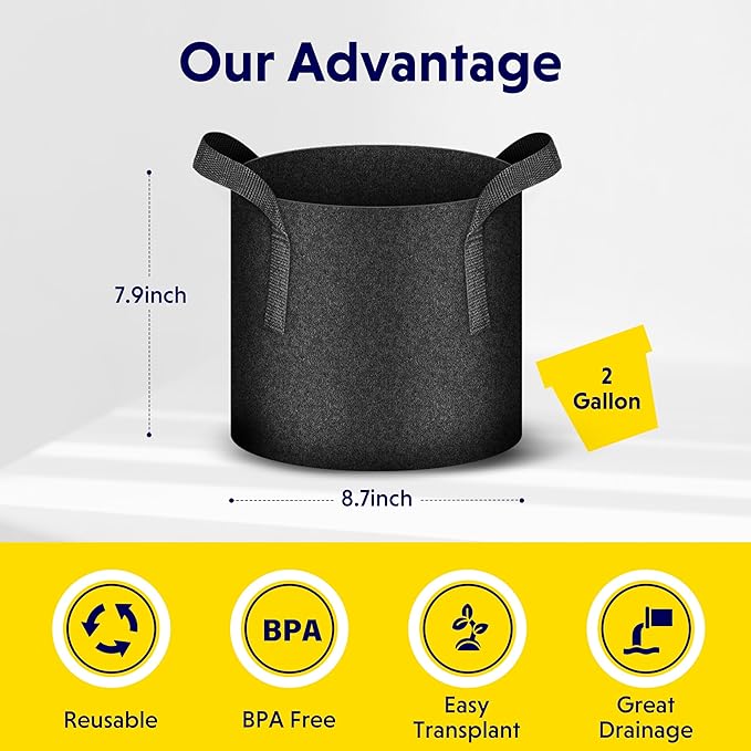 iPower 5-Pack 2 Gallon Plant Grow Bags Thickened Nonwoven Aeration Fabric Pots Heavy Duty Durable Container, Strap Handles for Garden, Black